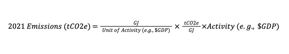 2021 Emissions (tCO2e)=(CJ/Unit of Activity (e.g., $GDP))x(tCO2e/GJ)x(Activity (e.g., $GDP))
